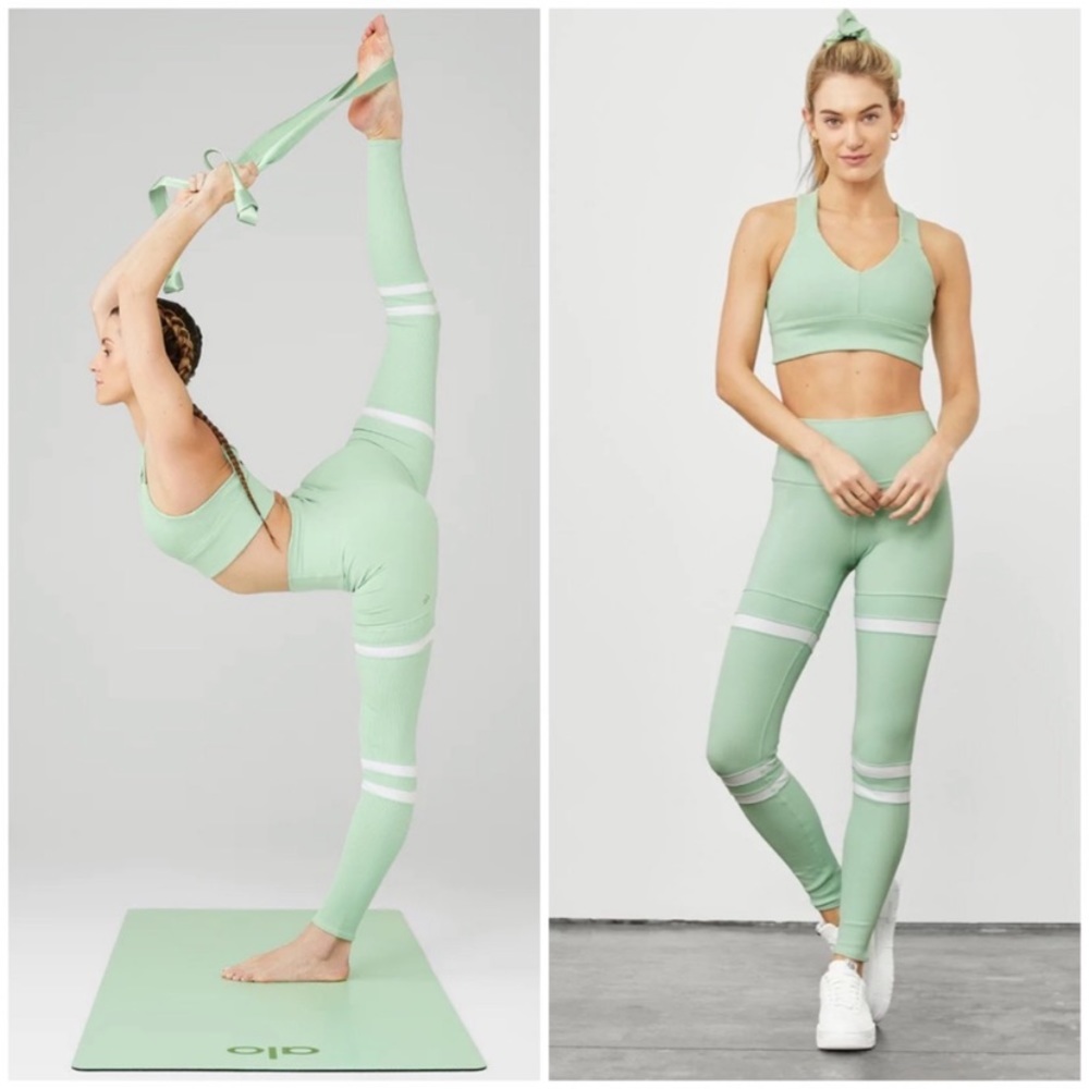 ALO YOGA Honeydew Thigh Stripe High Rise Full Length Ribbed Leggings